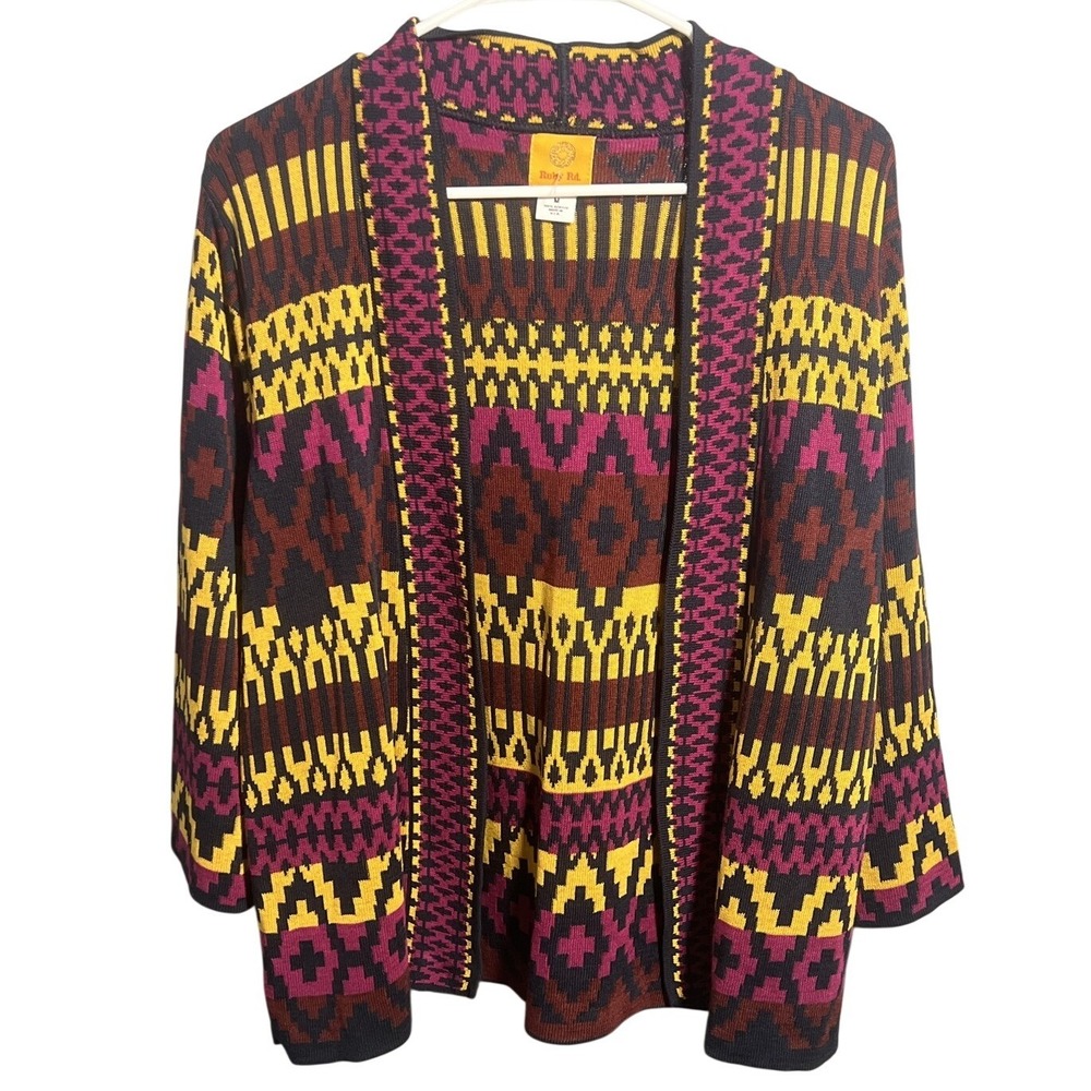 Ruby Rd. Women's M Open Front Cardigan Sweater Aztec Geometric‎ Knit Colorful